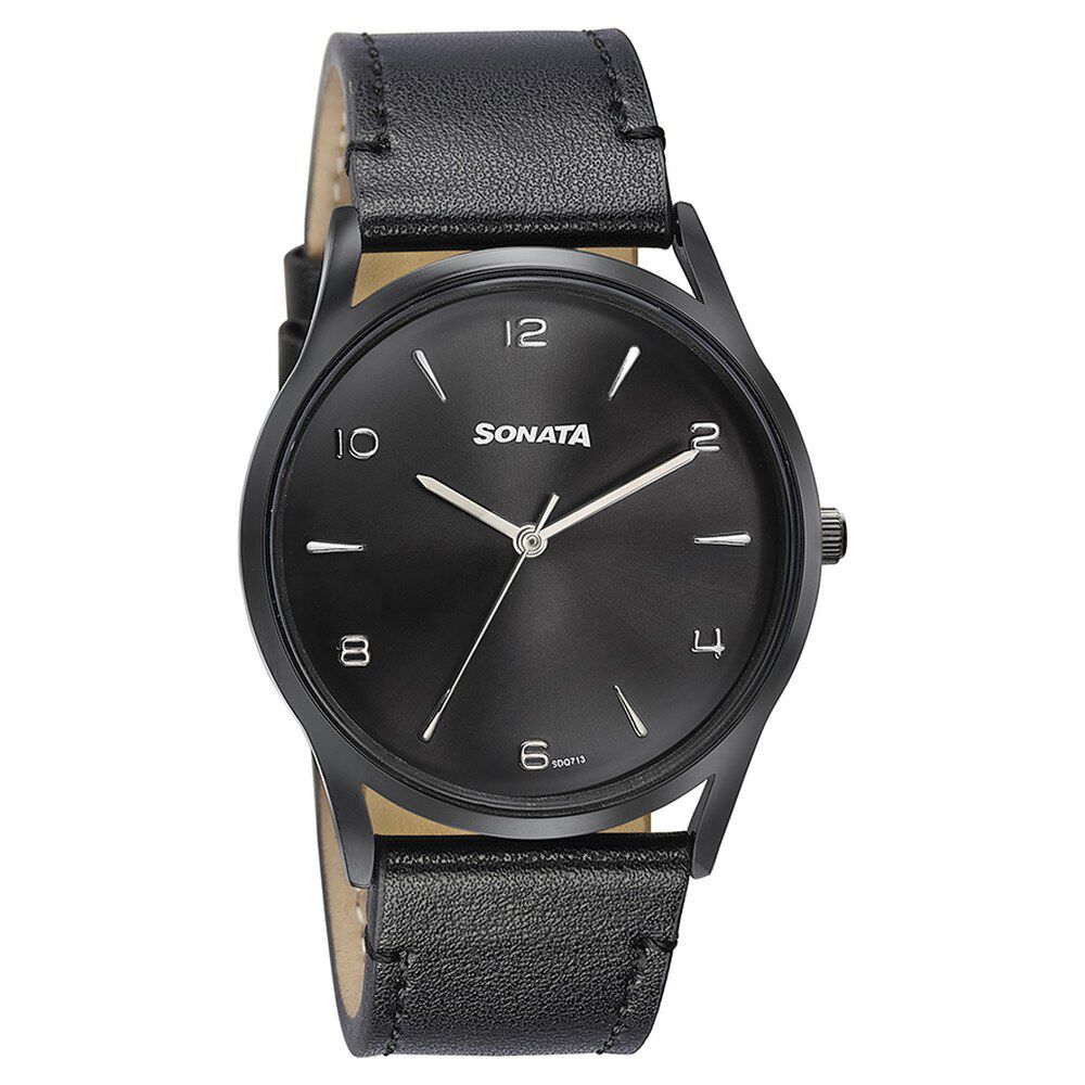 Buy Online Sonata Quartz Analog Black Dial Black Leather Strap Watch For Men 77140nl01 Sonata