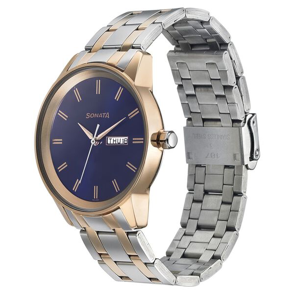 Sonata Quartz Analog with Day and Date Blue Dial Bimetal Strap Watch for Men - image number 1