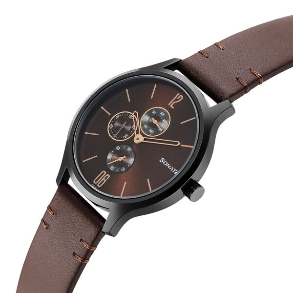 Sonata Quartz Multifunction Brown Dial Leather Strap Watch for Men - image number 2