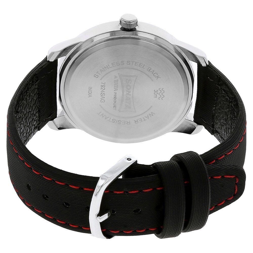 Sonata Quartz Analog Black Dial Leather Strap Watch for Men