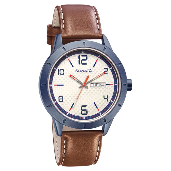 Sonata Quartz Analog with Day and Date White Dial Leather Strap Watch for Men - image number 0