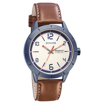 Sonata Quartz Analog with Day and Date White Dial Leather Strap Watch for Men