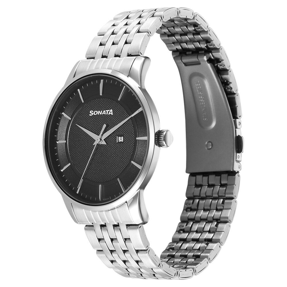 Buy Online Sonata Wedding Quartz Analog Black Dial Stainless Steel Strap Watch For Men 77153sm01 Sonata