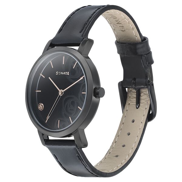 Sonata Onyx Black Dial Women Watch With Leather Strap - image number 1