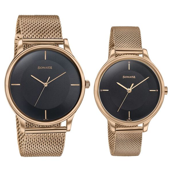 Sonata Modern Bandhan Quartz Analog Black Dial Rose Gold Stainless Steel Strap Watch For Couple - image number 1