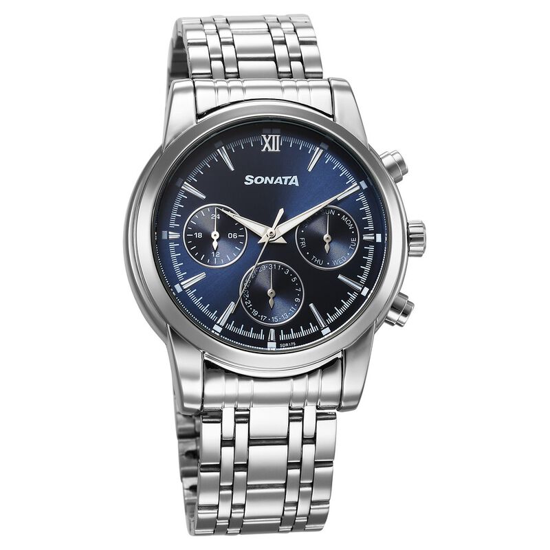 Sonata Wedding Multifunction Blue Dial Stainless Steel Strap Watch For Men