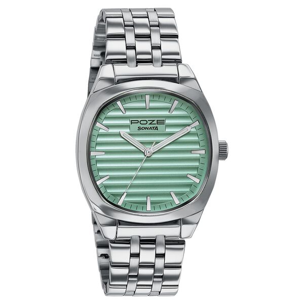 Poze By Sonata Quartz Analog Green Dial Silver Metal Strap Watch For Men - image number 2