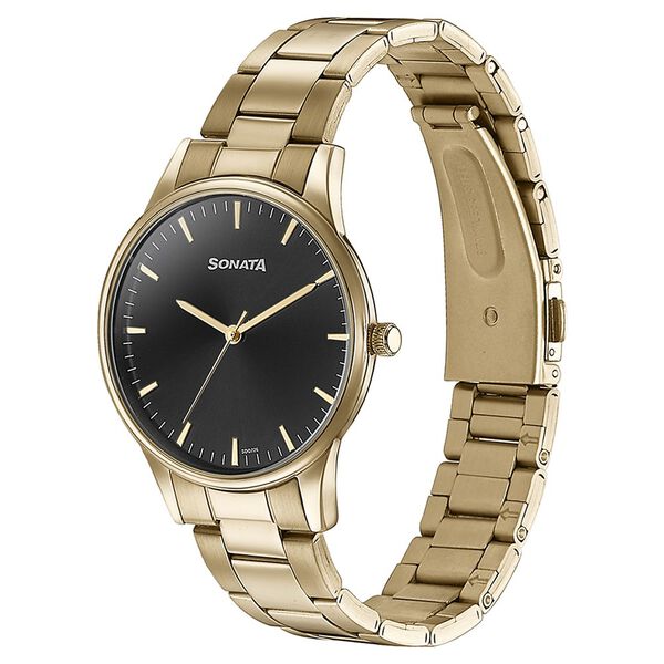 Sonata Quartz Analog Black Dial Golden Stainless Steel Strap Watch For Men - image number 3