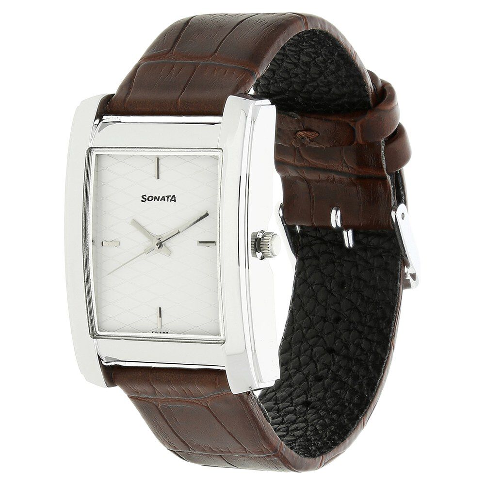 Buy Online Sonata Quartz Analog Silver Dial Leather Strap Watch for Men nd7953sl01w Sonata