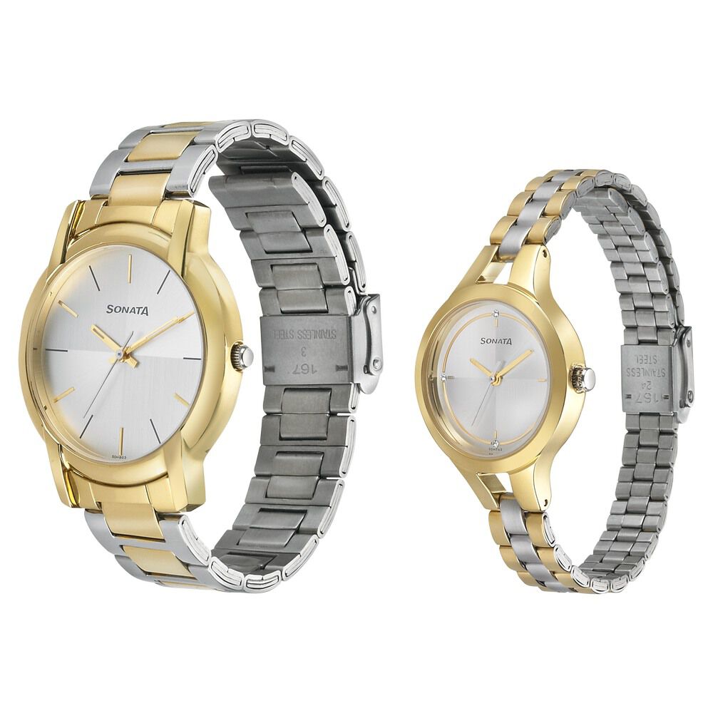 Sonata Quartz Analog Silver Dial Stainless Steel Strap Watch for Couple