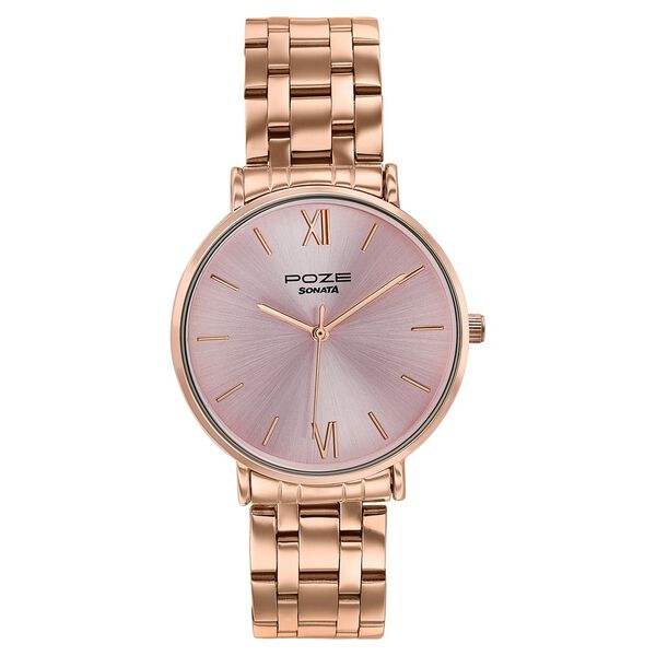 Poze By Sonata Quartz Analog Pink Dial Rose Gold Stainless Steel Strap Watch For Women - image number 1