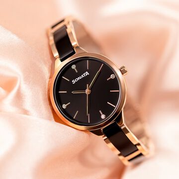 Sonata Quartz Analog Black Dial Two Toned Stainless Steel Strap Watch For Women