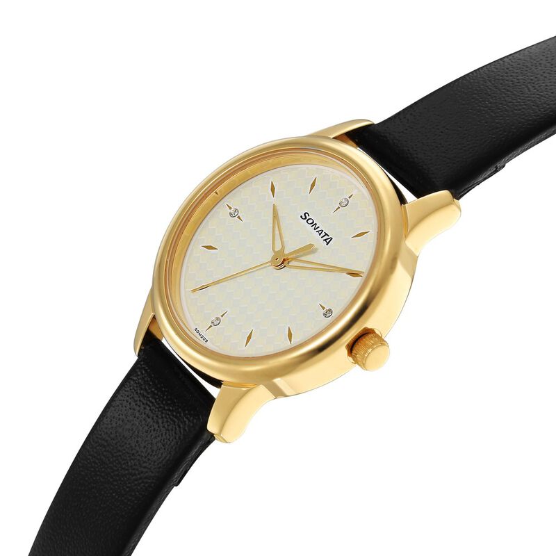 Sonata Classic Gold White Dial Leather Strap Watch for Women - image number 2
