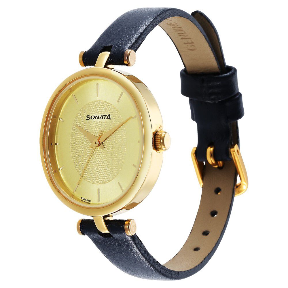 Buy Online Sonata Classic Gold Champagne Dial Leather Strap Watch