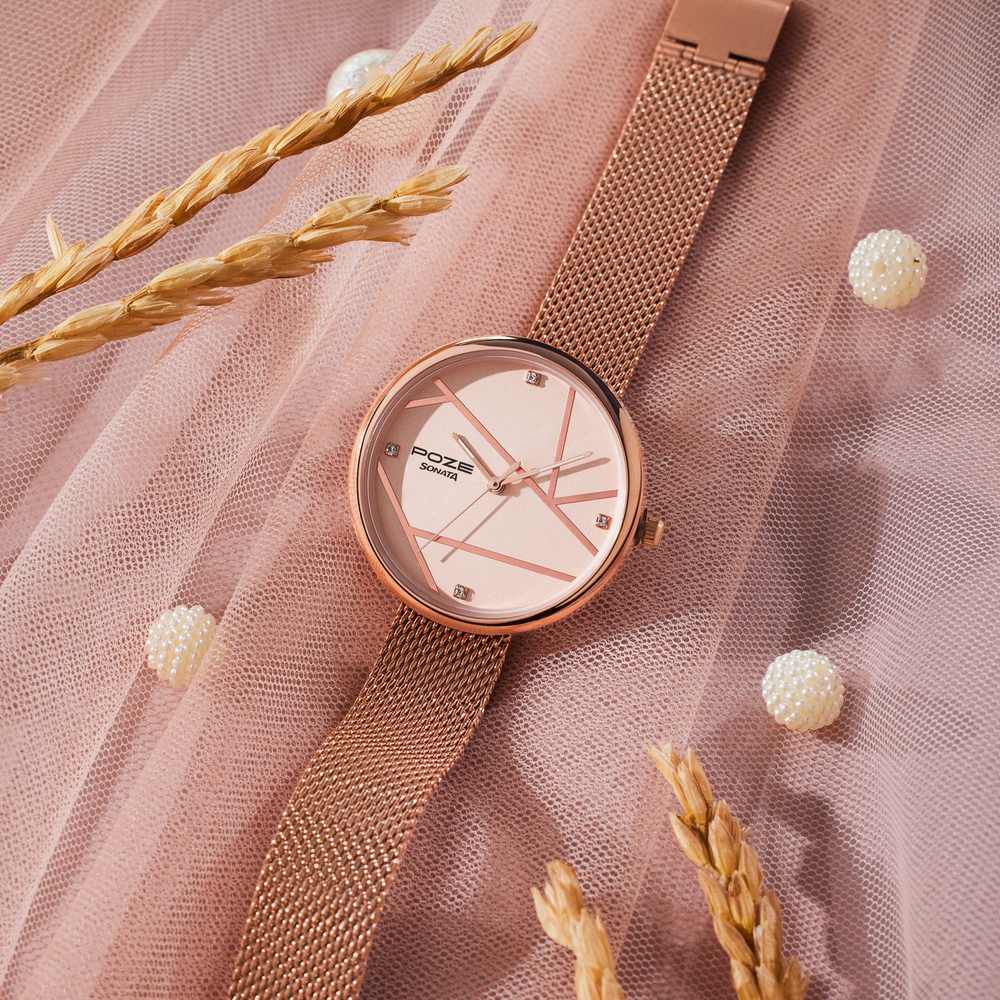 Buy Online Sonata Poze Quartz Analog Pink Dial Rose Gold Color Stainless Steel Strap Watch For Women sp80088wm02 Sonata