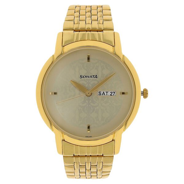 Sonata Quartz Analog with Day and Date Champagne Dial Stainless Steel Strap Watch for Men - image number 0