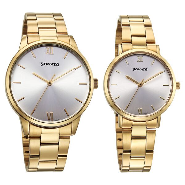 Sonata Perfect Pairs Quartz Analog Silver Dial Golden Metal Strap Watch For Couple - image number 0