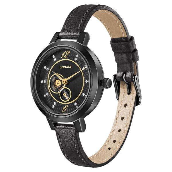 Sonata Unveil Black Dial Women Watch With Leather Strap - image number 1