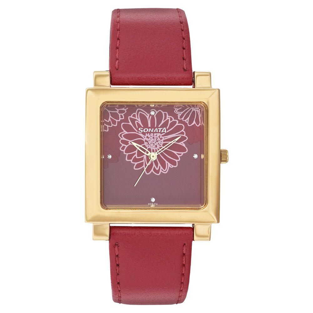 Buy Online Sonata Quartz Analog Red Dial Leather Strap Watch for Women nc8077yl03 Sonata