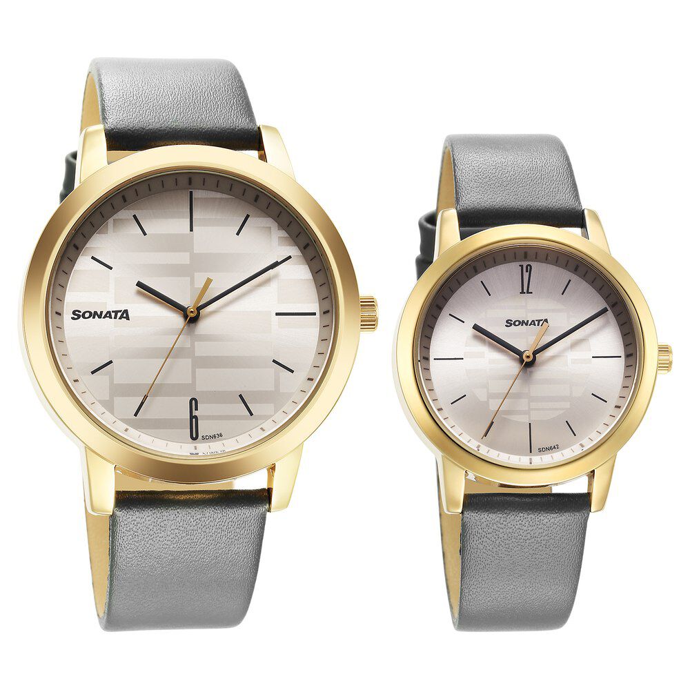 Buy Online Sonata Alloy Pairs Quartz Analog Silver Leather Strap for Couple 7712887047yl01p Sonata