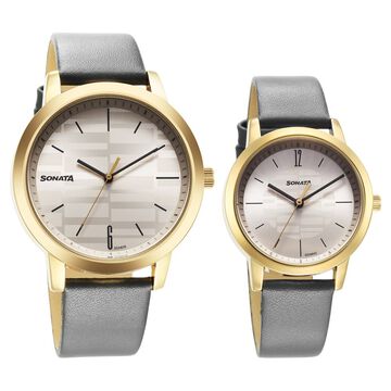 Sonata Alloy Pairs Quartz Analog Silver Leather Strap for Couple