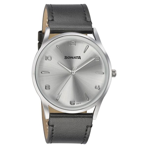 Sonata Quartz Analog Silver Dial Black Leather Strap Watch For Men - image number 2