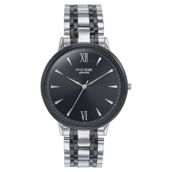 Sonata Poze Quartz Analog Black Dial Silver Metal Strap Watch For Men - image number 1