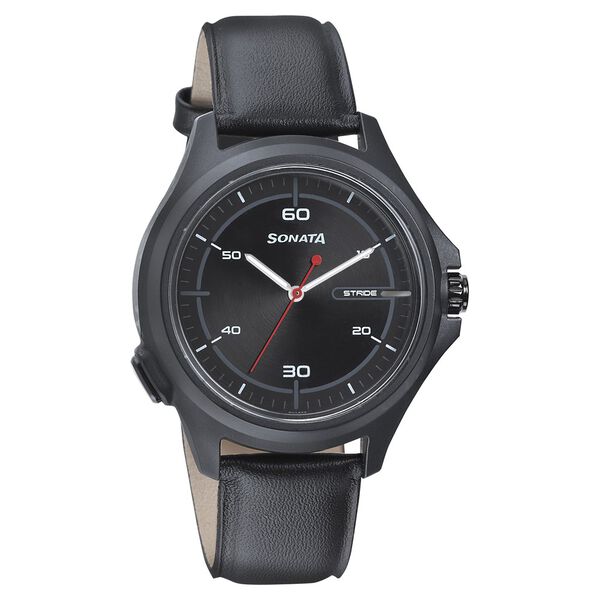 Sonata Stride Smart Black Dial Leather Strap Watch for Men - image number 0