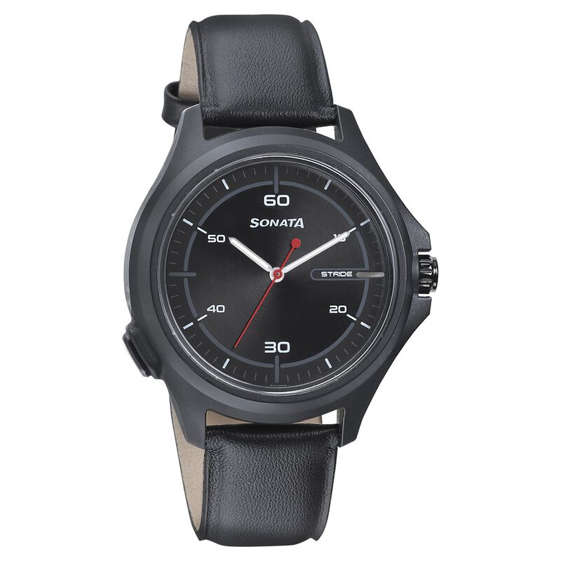 Sonata Stride Smart Black Dial Leather Strap Watch for Men