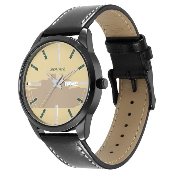 Sonata Force Quartz Analog with Day and Date Off White Dial Leather Strap Watch for Men - image number 1