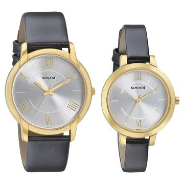 Sonata Quartz Analog Silver Dial Leather Strap Watch for Couple