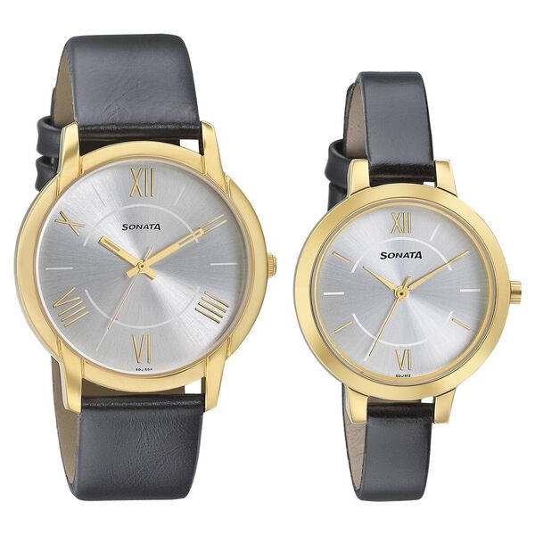 Sonata Quartz Analog Silver Dial Leather Strap Watch for Couple - image number 0