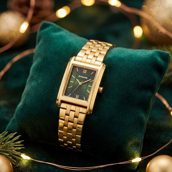 Sonata Celebration edit Quartz Analog Green Dial Golden Metal Strap Watch For Women - image number 0
