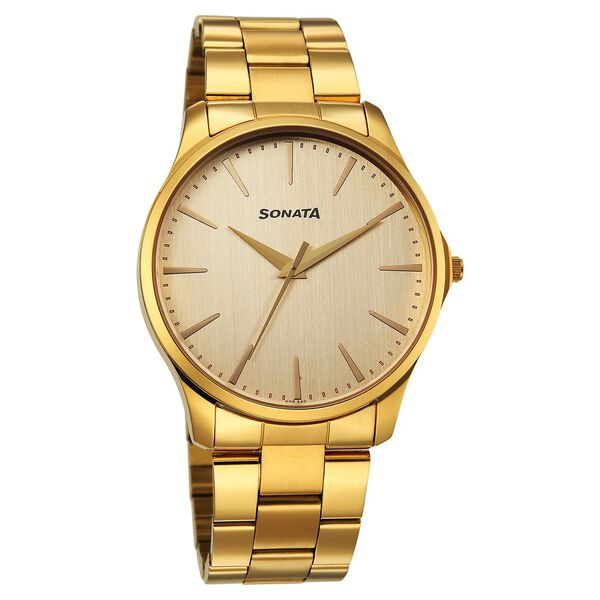 Sonata Traditional Essentials Quartz Analog Champagne Dial Golden Metal Strap Watch For Men - image number 1