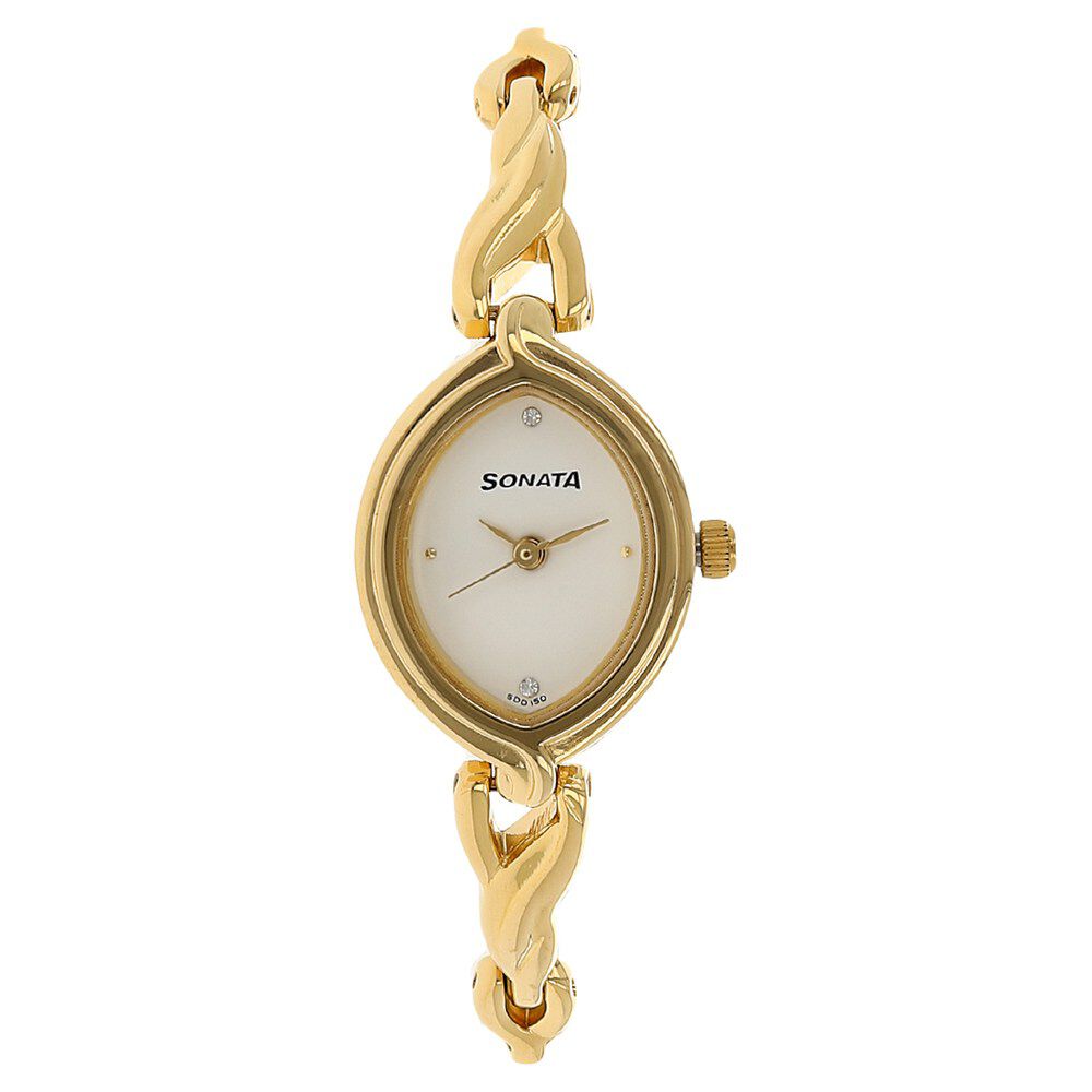 Buy Online Sonata Quartz Analog White Dial Metal Strap Watch for Women ns8048ym01 Sonata
