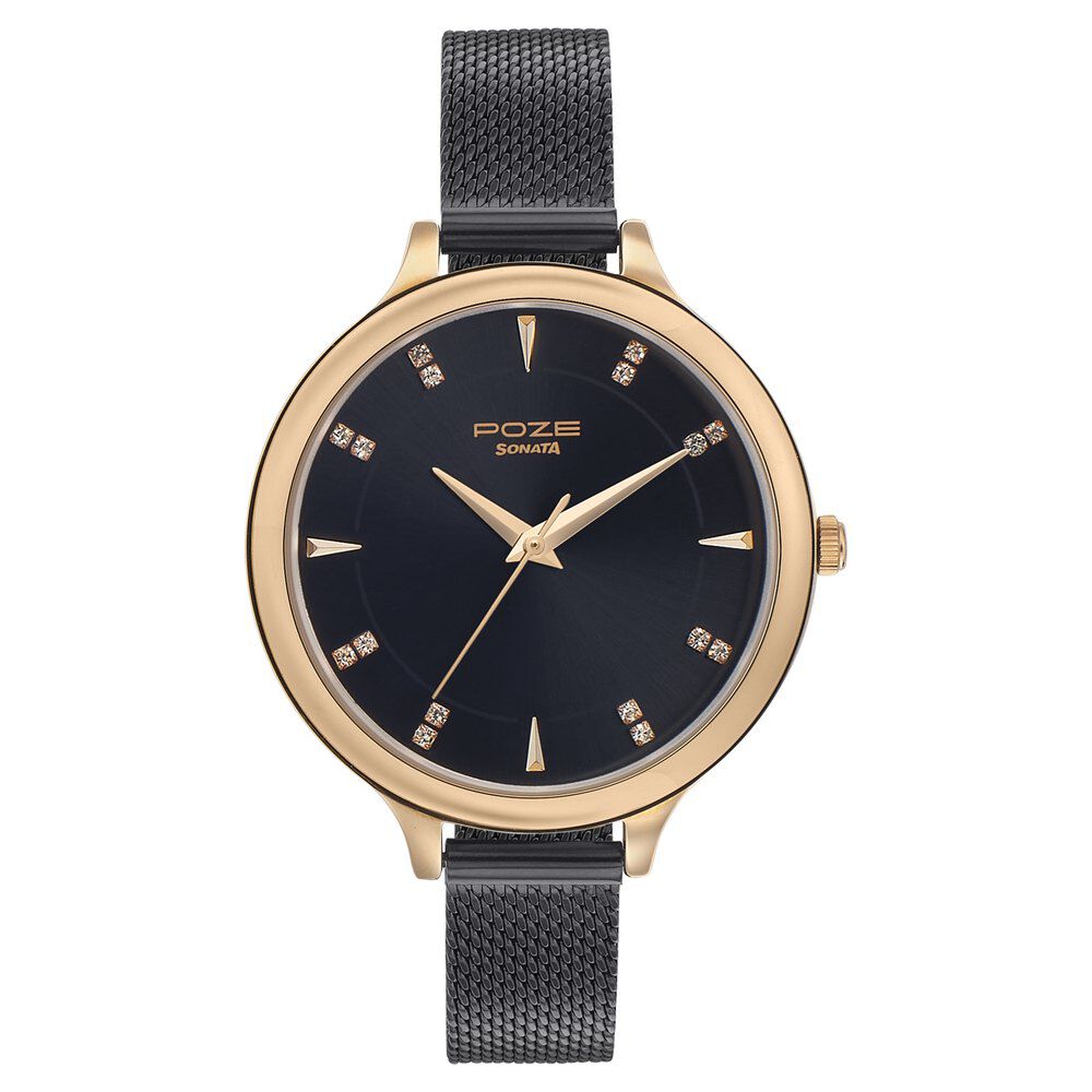 Sonata Poze Quartz Analog Black Dial Metal Strap Watch for Women
