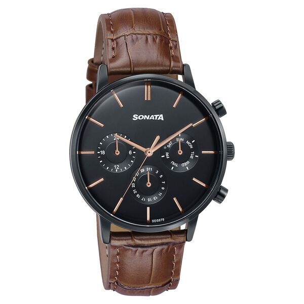 Sonata Festive Quartz Multifunction Black Dial Brown Leather Strap Watch For Men - image number 1