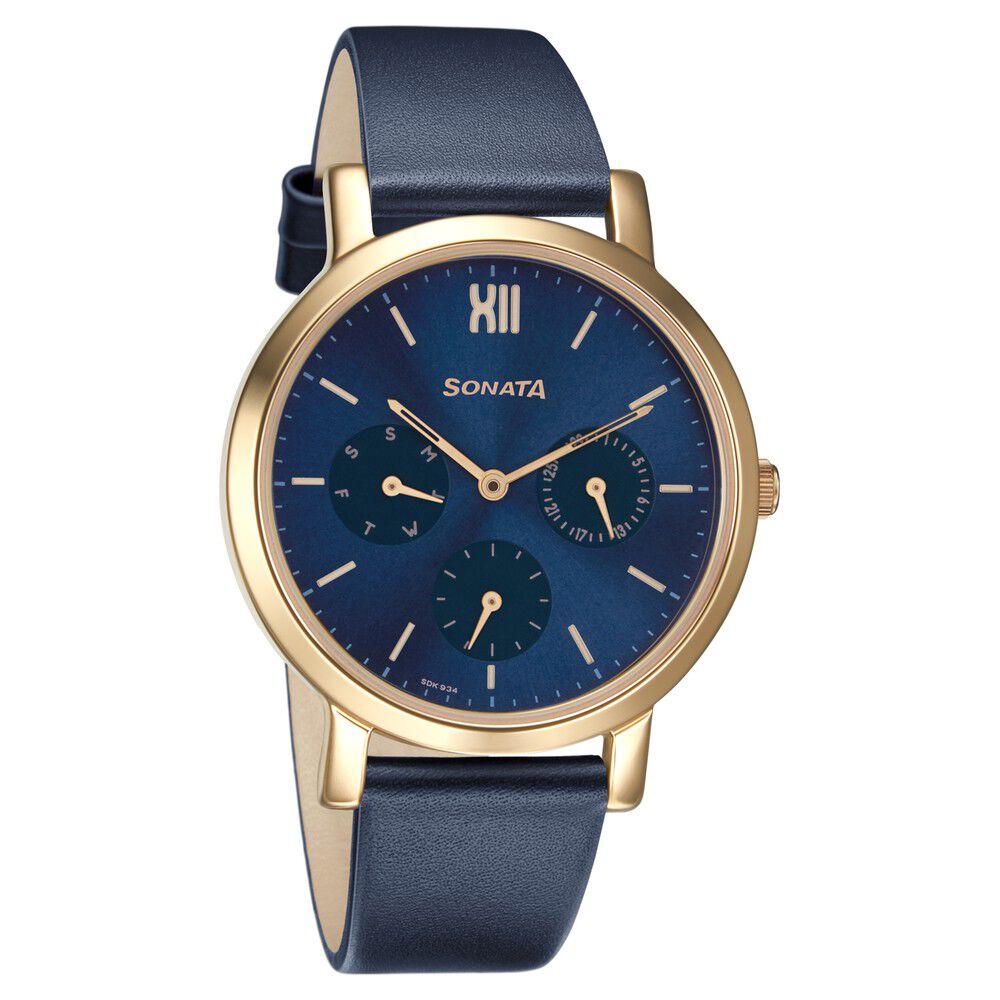 Sonata Multifunctions Blue Dial Women Watch With Leather Strap