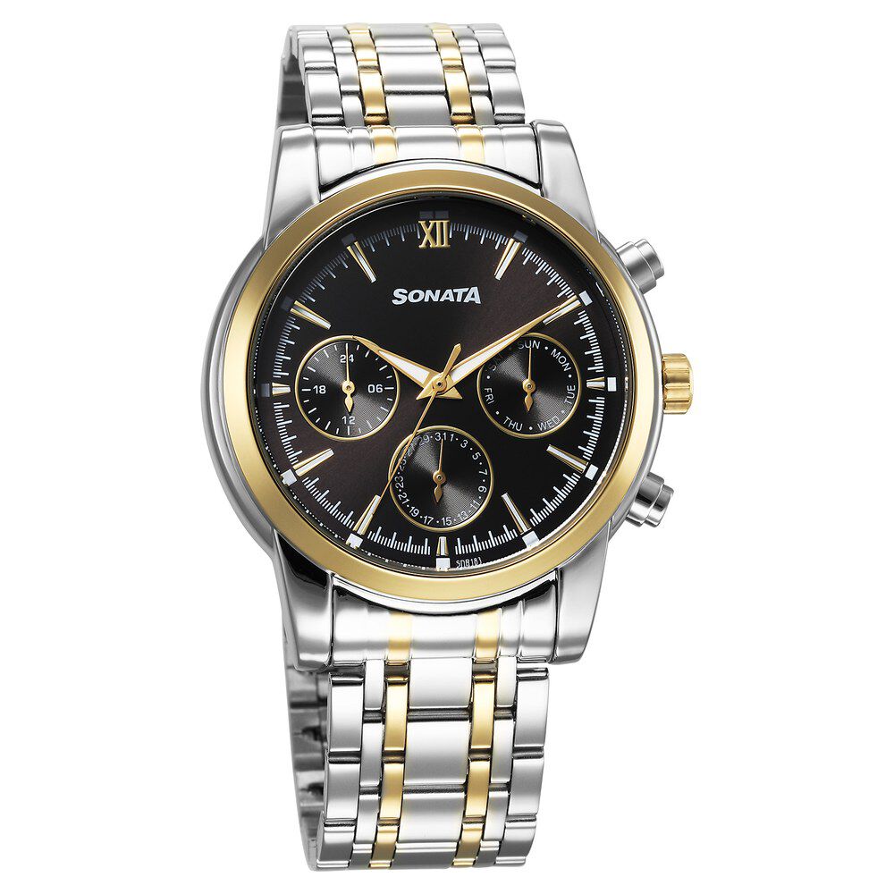 Buy Online Sonata Wedding Multifunction Black Dial Stainless Steel Strap Watch For Men 77158bm01 Sonata