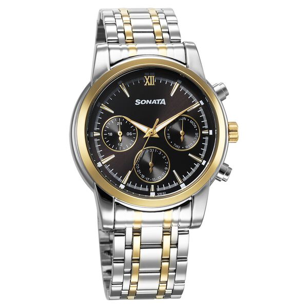 Sonata Wedding Multifunction Black Dial Stainless Steel Strap Watch For Men - image number 0