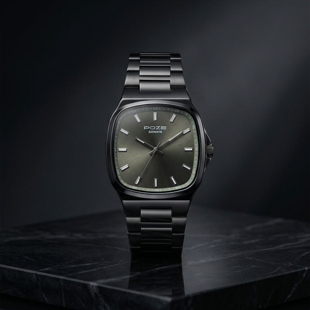 sonata Poze Poze Quartz Analog Green Dial Grey Metal Strap Watch For Men-picture-10