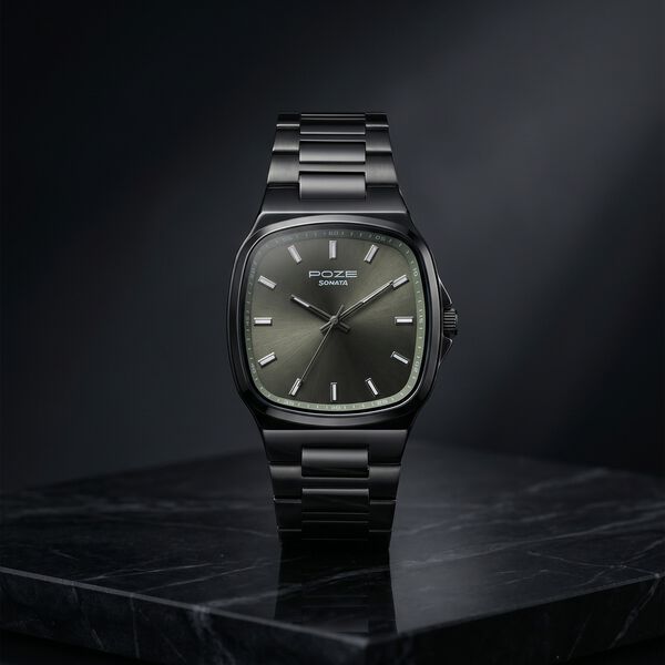 Poze Poze Quartz Analog Green Dial Grey Metal Strap Watch For Men - image number 0
