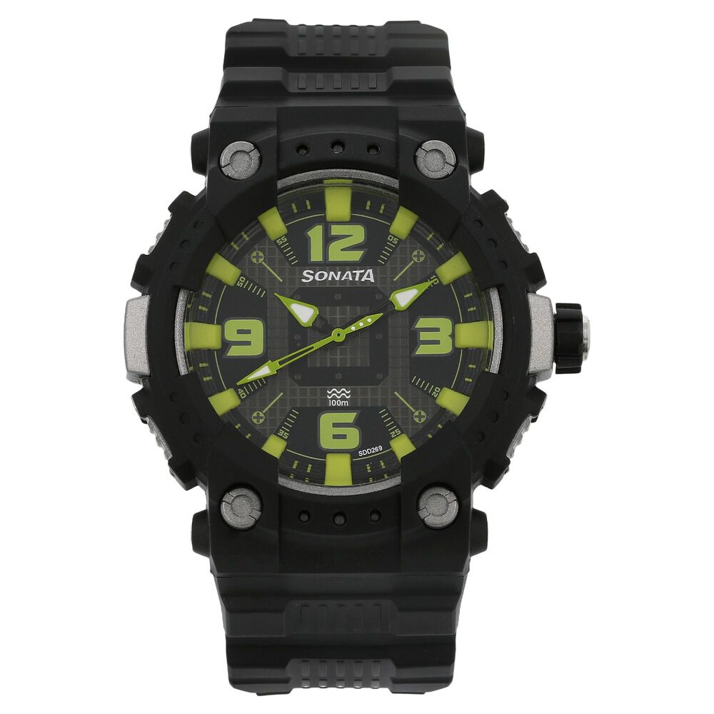 Buy Online SF Quartz Analog Black Dial Plastic Strap Watch for Men nm77014pp03 Sonata