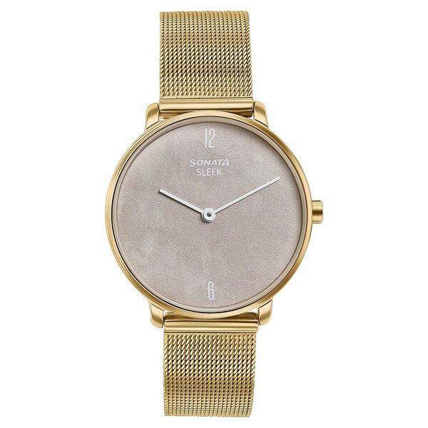 Sonata Sleek Gold-Toned Mesh Bracelet Watch with Minimal Sundial Dial and Arabic Numerals - image number 0