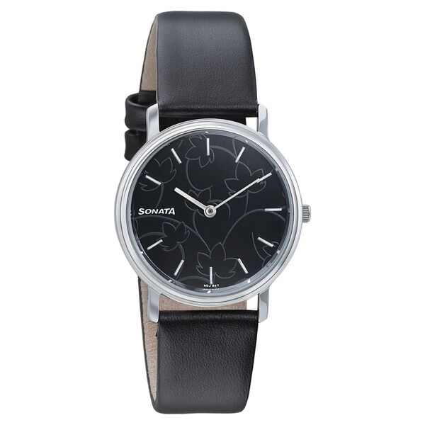 Sonata Silver Lining Black Dial Women Watch With Leather Strap - image number 0