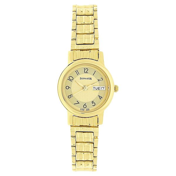 Sonata Quartz Analog with Day and Date Champagne Dial Stainless Steel Strap Watch for Women - image number 0