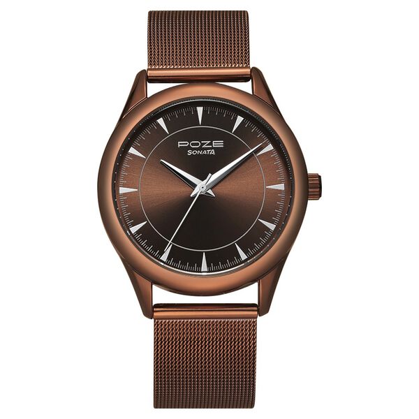 Poze by Sonata Quartz Analog Brown Dial Stainless Steel Strap Watch for Men - image number 0