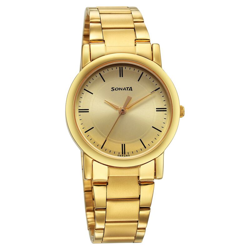 Sonata Classic Quartz Analog Champagne Dial Golden Stainless Steel Strap Watch for Men - image number 0