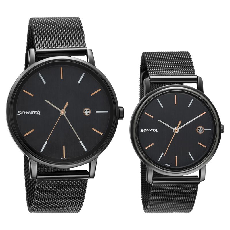 Sonata Quartz Analog with Date Black Dial Metal Strap Watch for Couple - image number 0