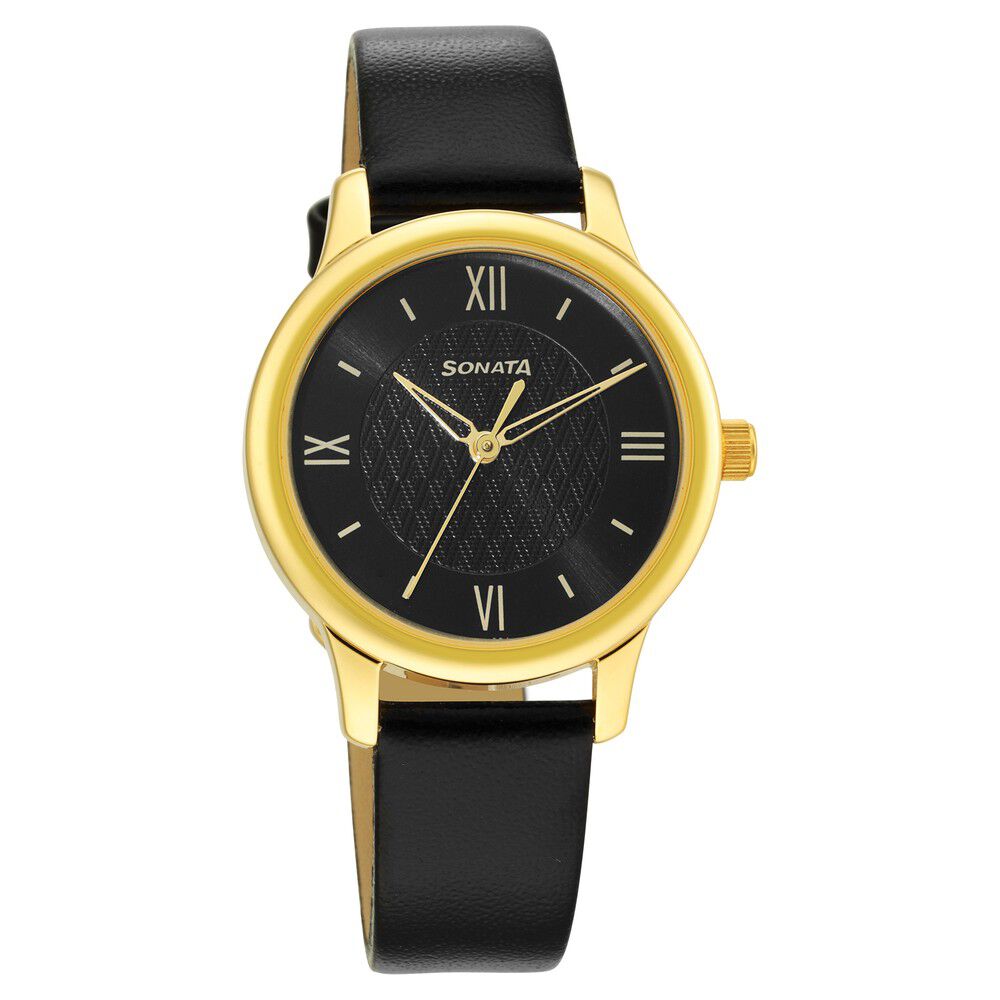 Buy Online Sonata Classic Gold Black Dial Leather Strap Watch for Women nr8178yl01 Sonata